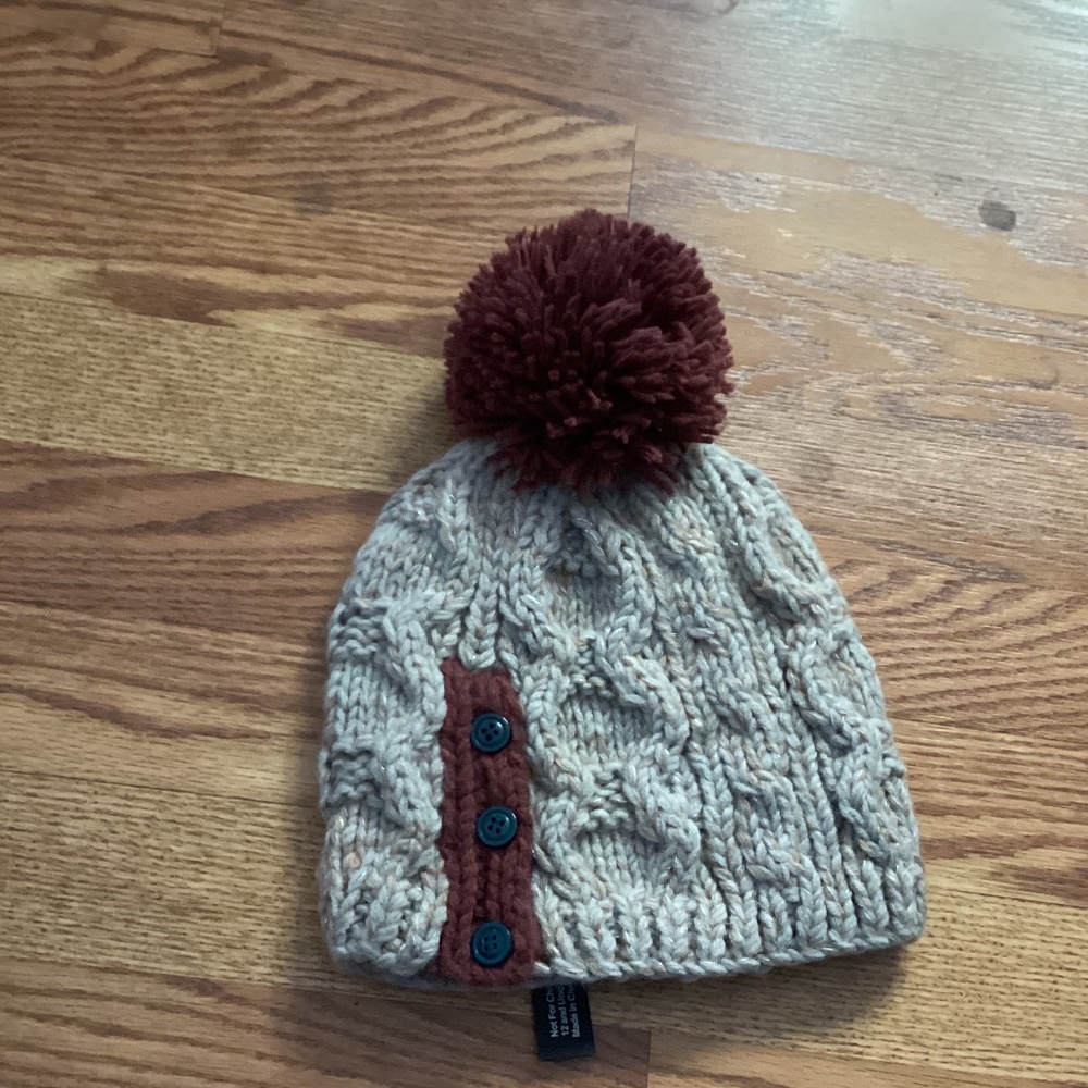 Chuns Beige & Brown Metallic Button Detail Pom Pom Knit Beanie